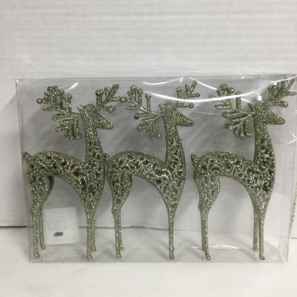 Glittery Silver Reindeer Ornaments Set of 3 New